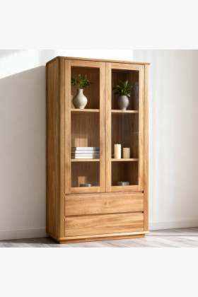 Eichen-Vitrine mit 2 Türen und 2 Schubladen, naturholz